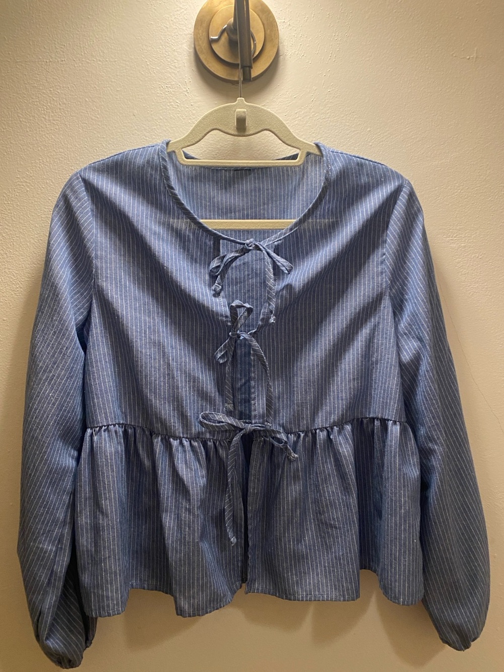 Blue Striped Tie-Front Peplum Blouse